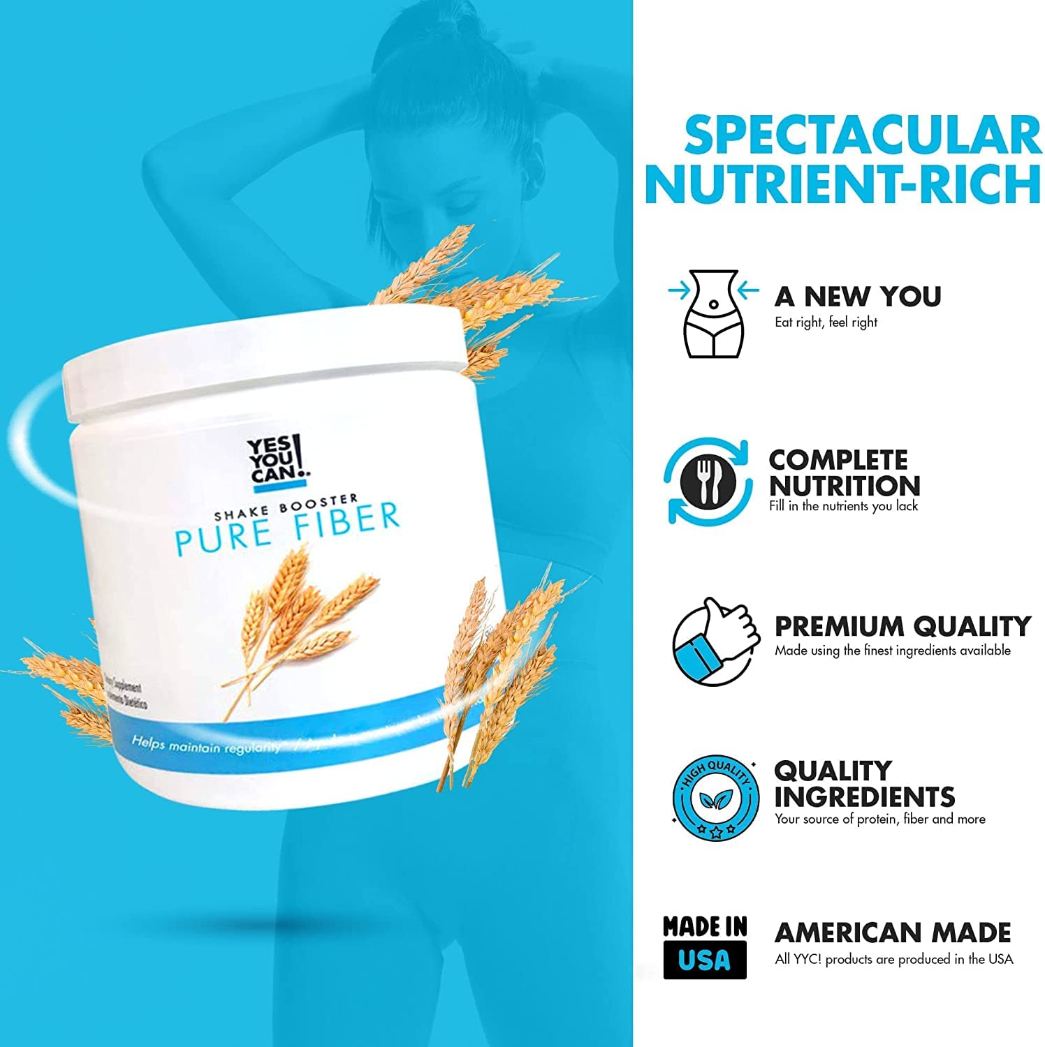 Yes You Can! Shake Booster Pure Fiber scoop with glass, easy daily fiber boost.