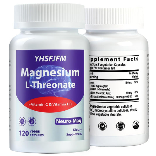 YHSFJFM magnesium L-threonate bottle highlighting high absorption formula for daily wellness