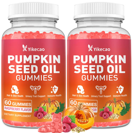 Yikecao pumpkin seed oil gummies bottle label showing convenient daily supplement for hair and skin vitality.