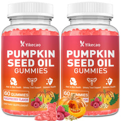 Yikecao pumpkin seed oil gummies bottle label showing convenient daily supplement for hair and skin vitality.