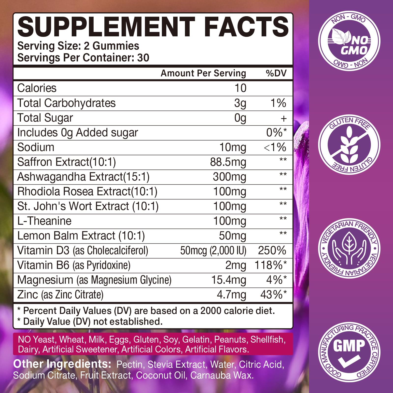 Close-up label on Yikecao saffron gummies highlighting saffron and vitamins.