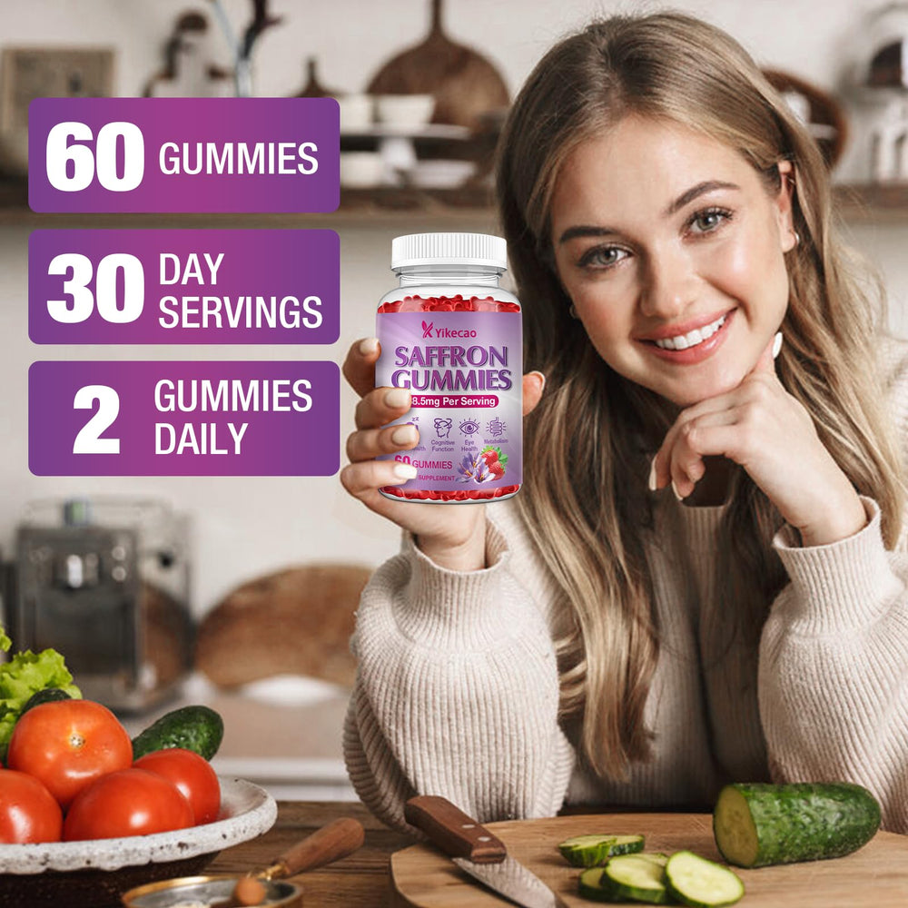 Nutrition panel on Yikecao saffron gummies highlights D3, B6.