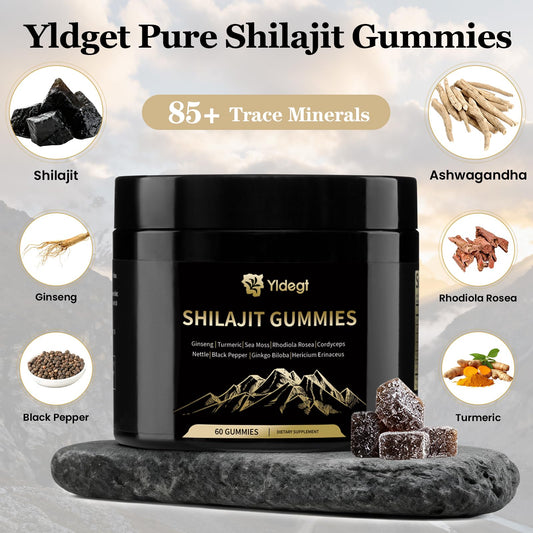 Open jar of Yldegt Shilajit Gummies highlighting portable wellness routine.