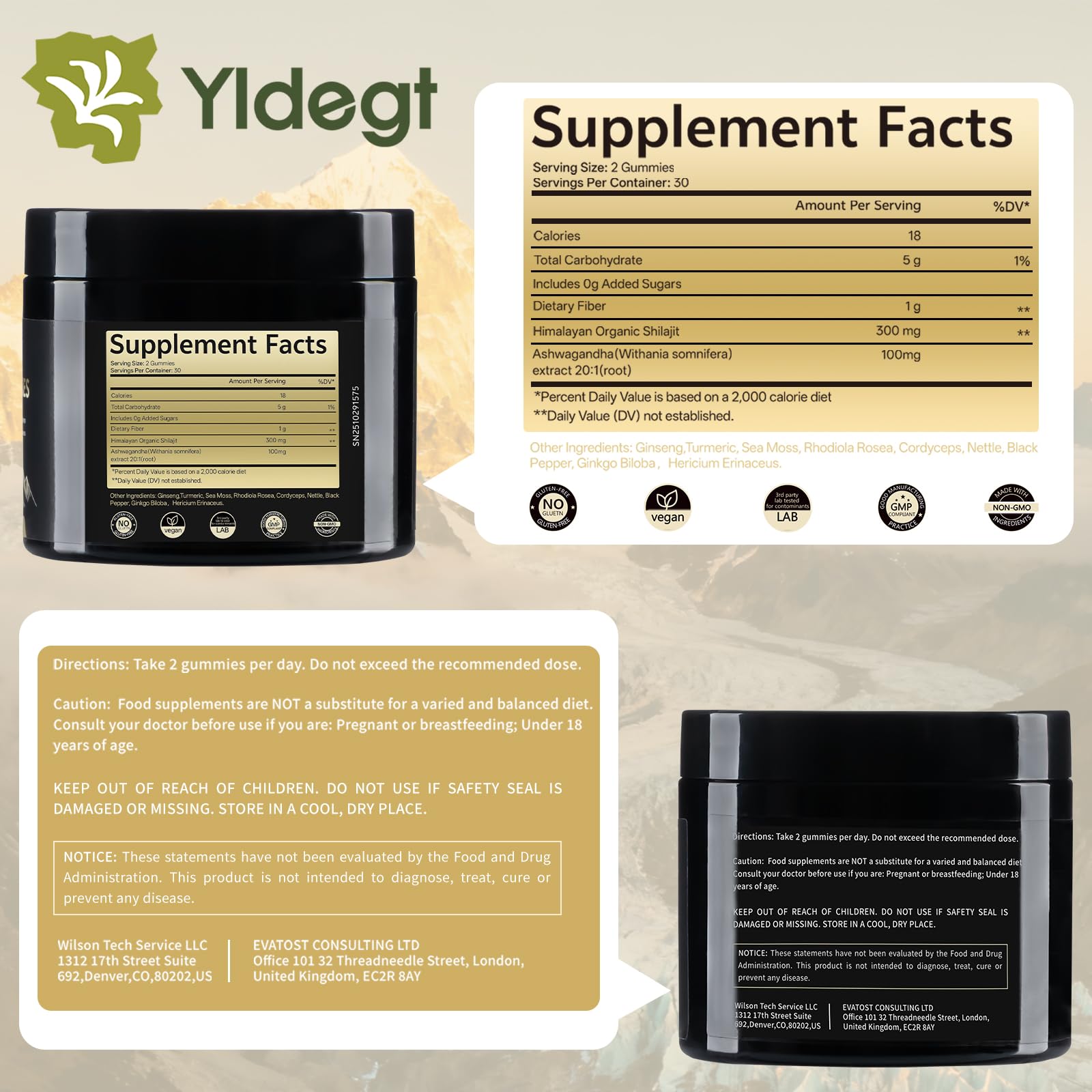 Yldegt Shilajit Gummies vegan and sugar-free formula label.
