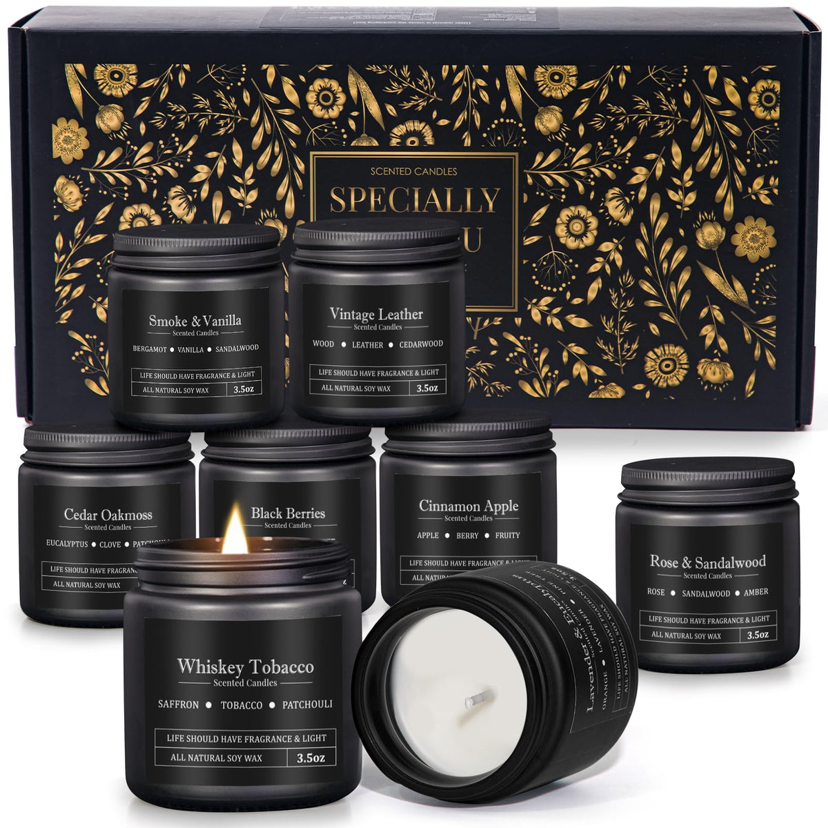 YMing 8-pack men's candle set pack shot shows varied masculine scents for refined ambiance