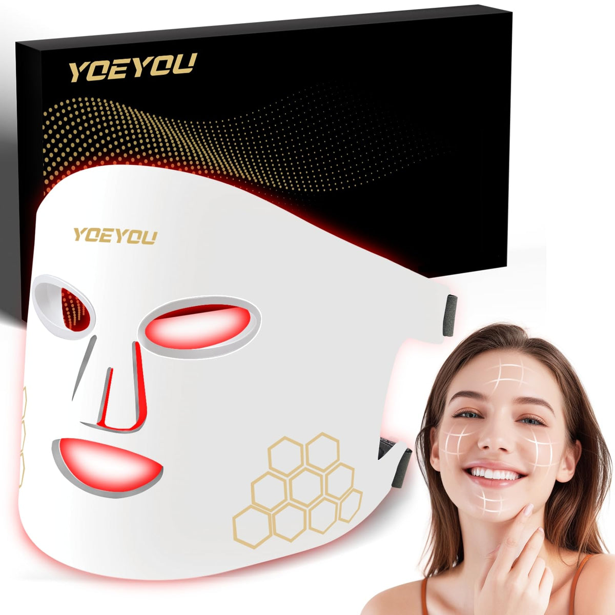 YOEYOU red light mask on the face for even coverage and potential skin benefits.