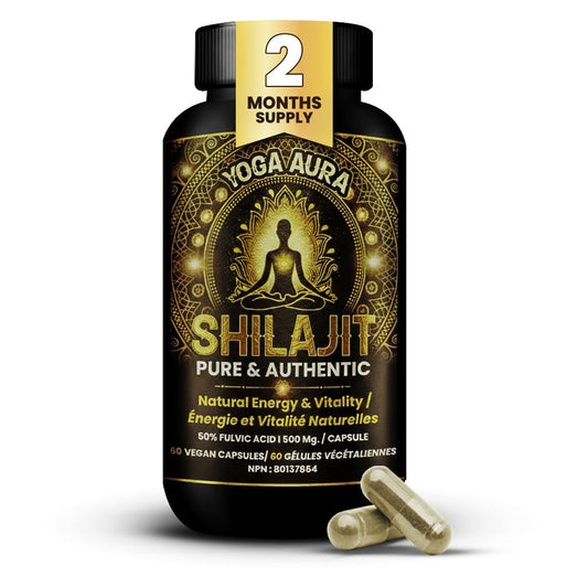 Yoga Aura Shilajit capsules 500mg Himalayan extract supports daily energy.