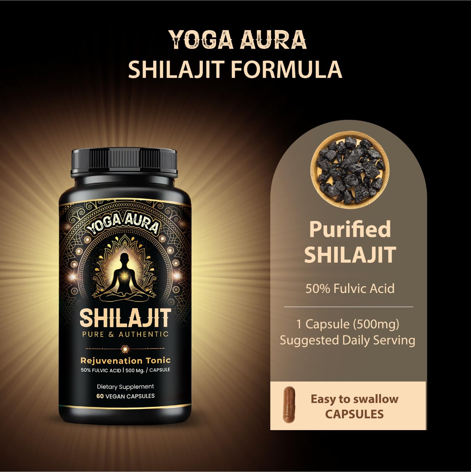 Yoga Aura Himalayan Shilajit capsules provide energy support for routines.