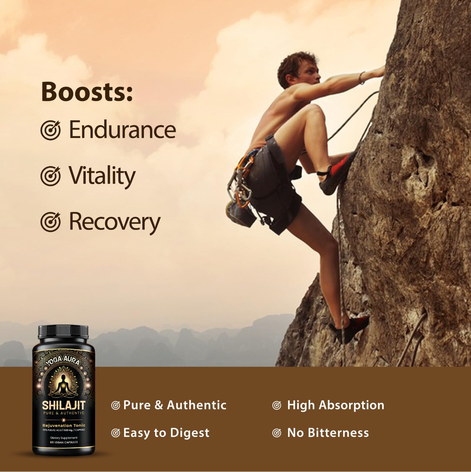 Yoga Aura Shilajit capsules with fulvic acid for resilience.