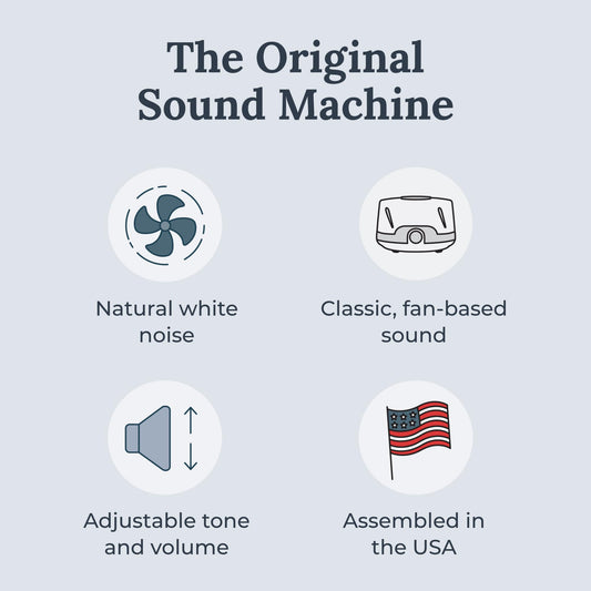 Side view of Yogasleep Dohm Classic White showing compact design