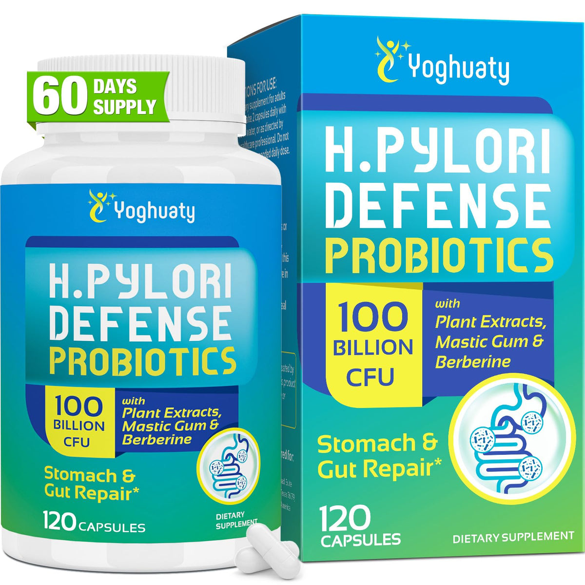 Yoghuaty H-Pylori Defense Probiotics bottle emphasizes high-potency gut health formula.