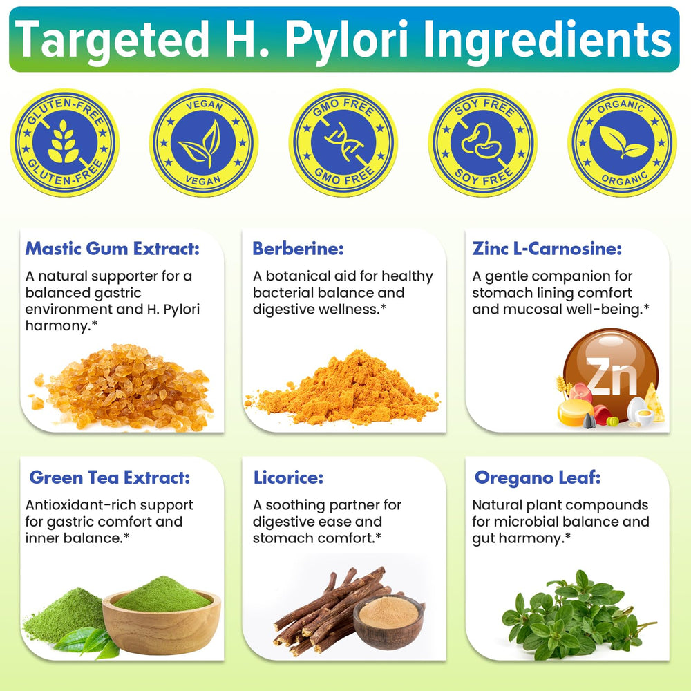 Digestive-scene visuals suggest natural ingredients supporting stomach comfort.