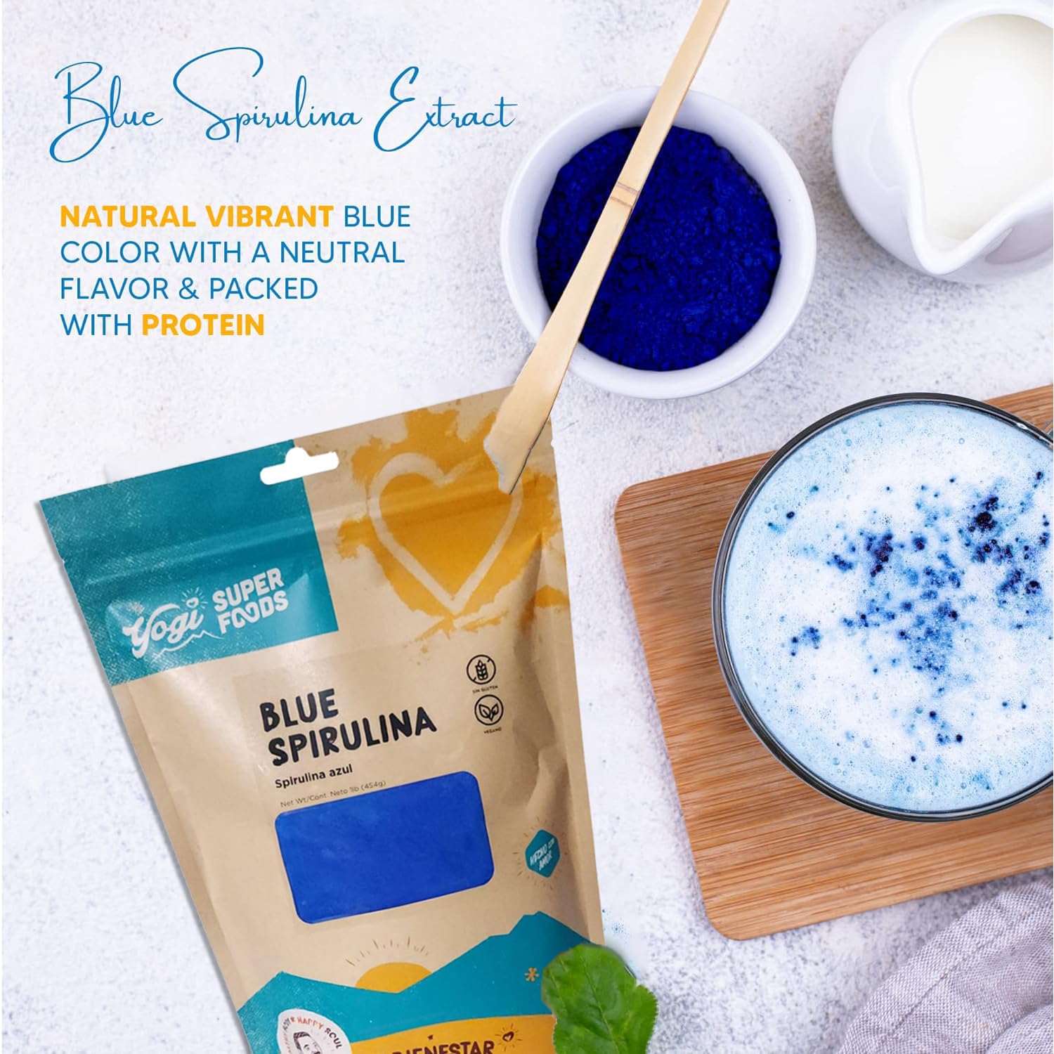 Yogi Super Foods blue spirulina powder in a bowl boosts smoothie color.