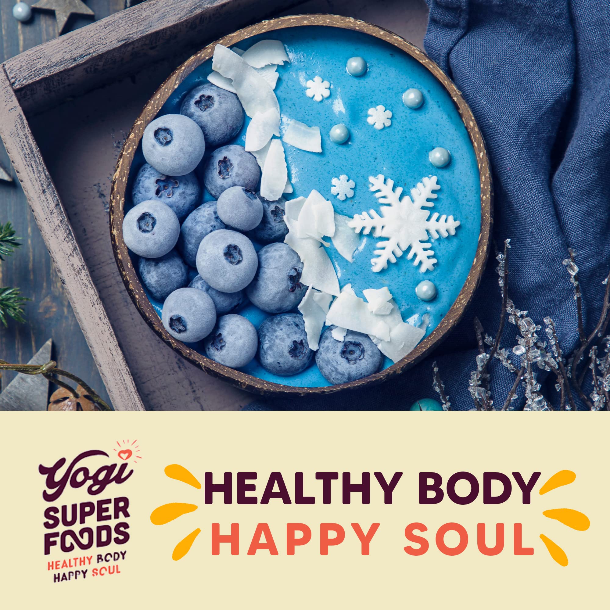 Yogi Super Foods blue spirulina powder supports protein and color in daily meals.