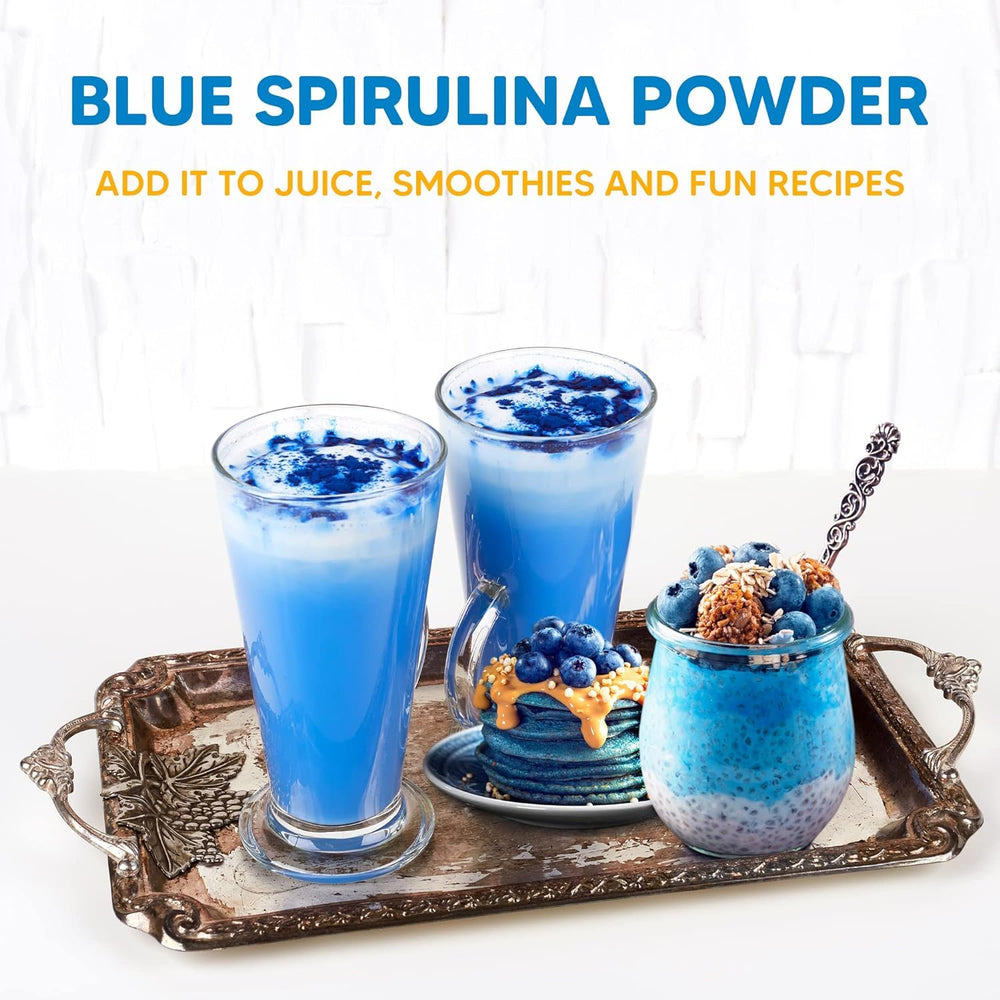 Packaging of Yogi Super Foods blue spirulina powder for pantry storage.