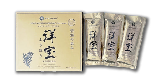 Yoho Mekabu Fucoidan Liquid+ label close-up confirms GMP certification and safety