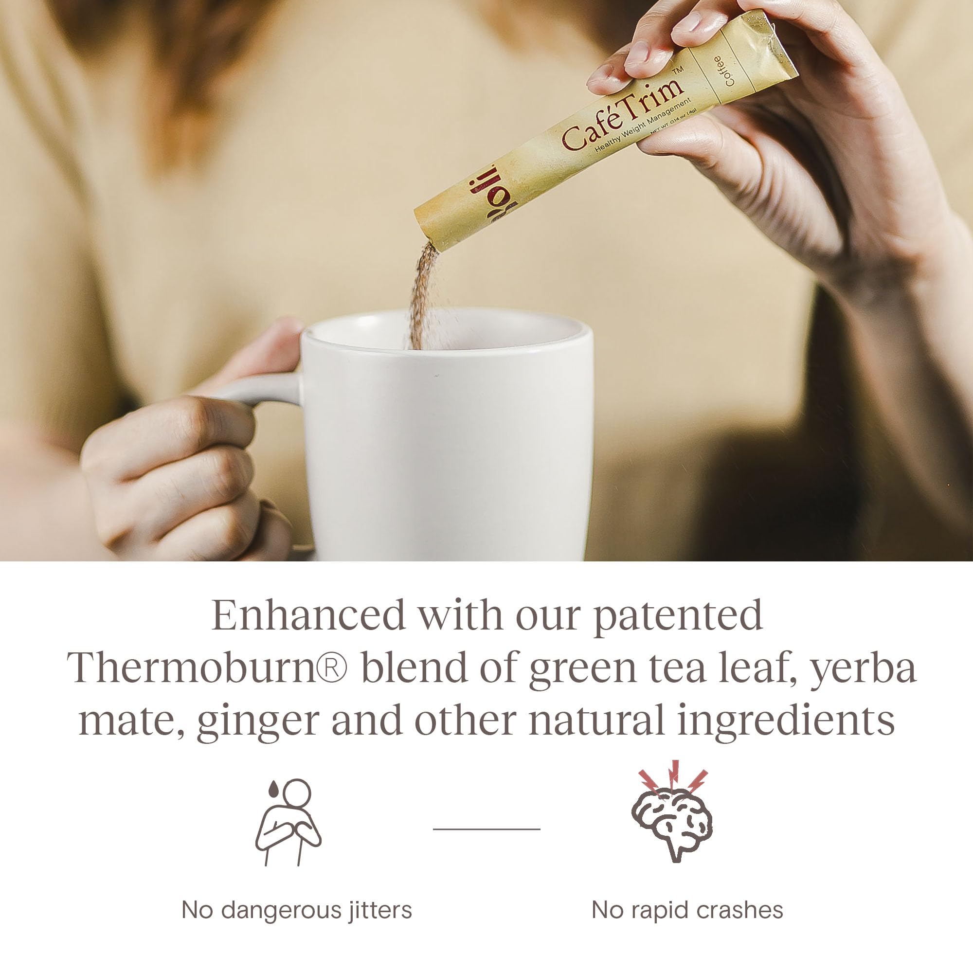 Morning routine with CaféTrim beside a hot mug for daily energy.