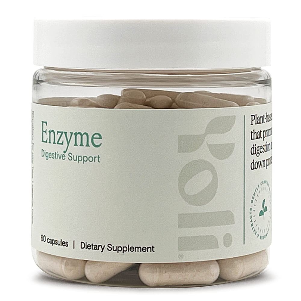 Yoli Enzyme bottle front showing capsules for everyday digestion support