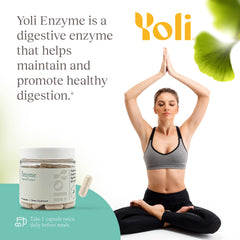 Yoli Enzyme dosing capsule illustrating twice-daily before meals