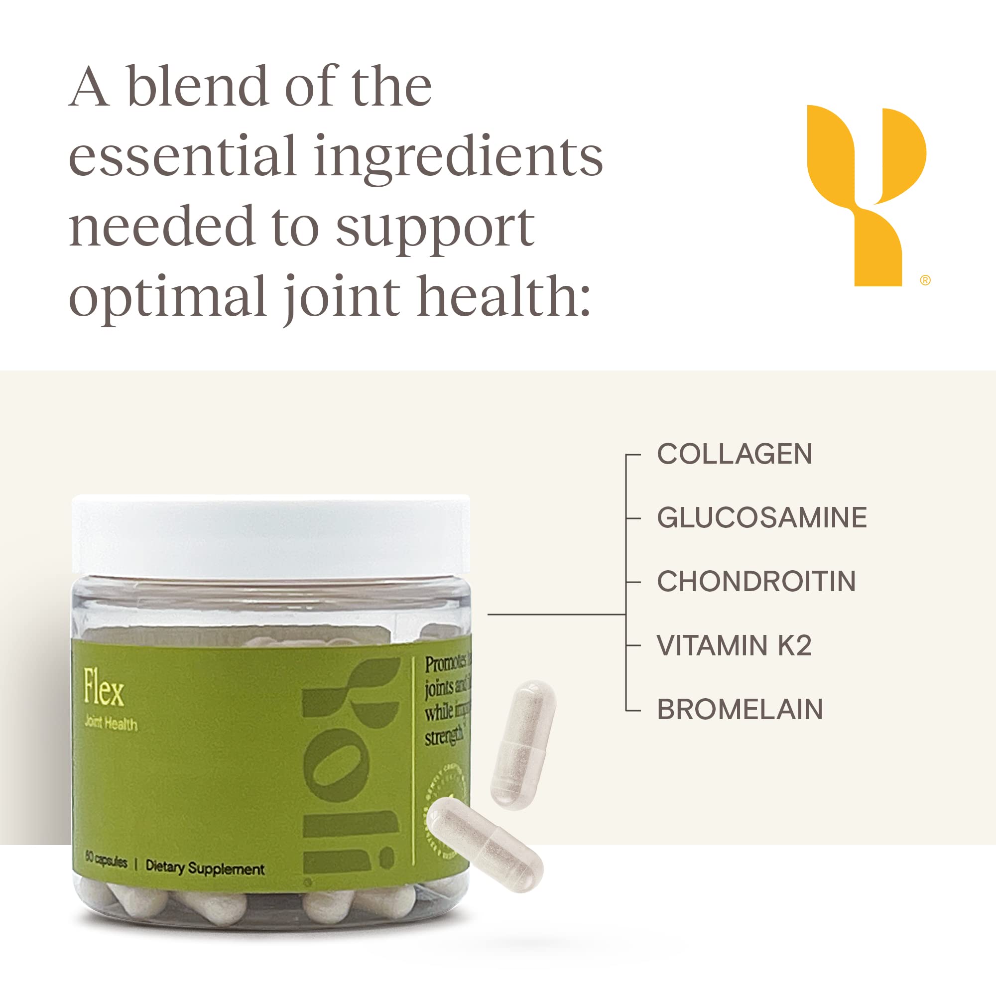 Yoli Flex ingredients chart highlights collagen and bromelain benefits.