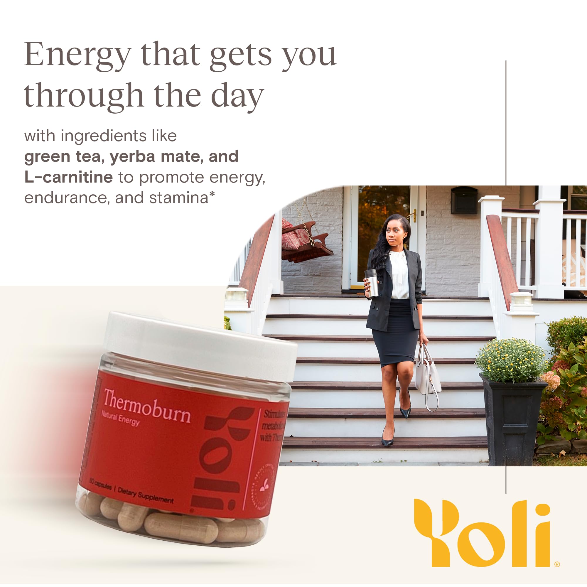 Yoli ThermoBurn capsules closeup highlighting easy-to-take energy formula.