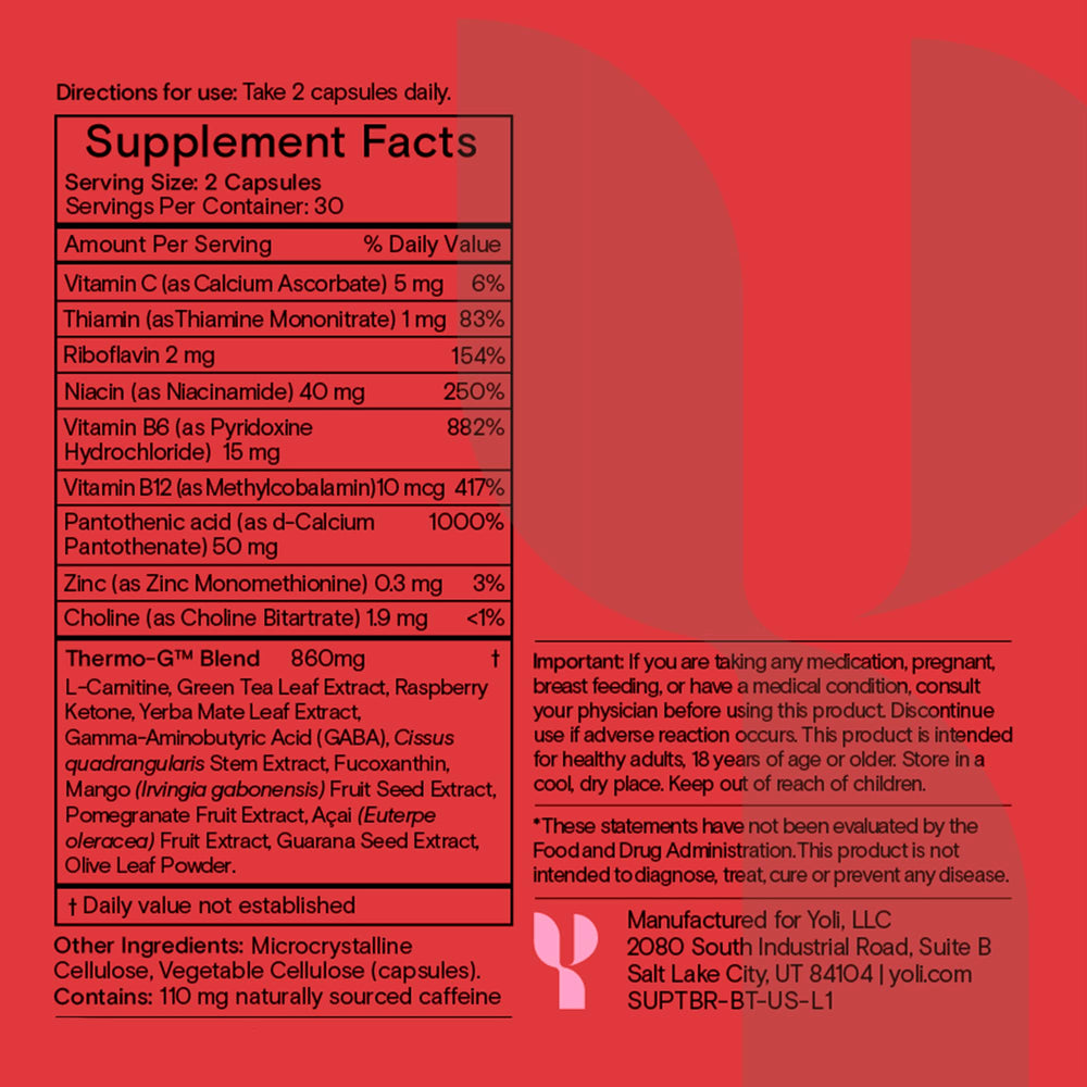 Yoli ThermoBurn label and nutrition panel on the bottle.