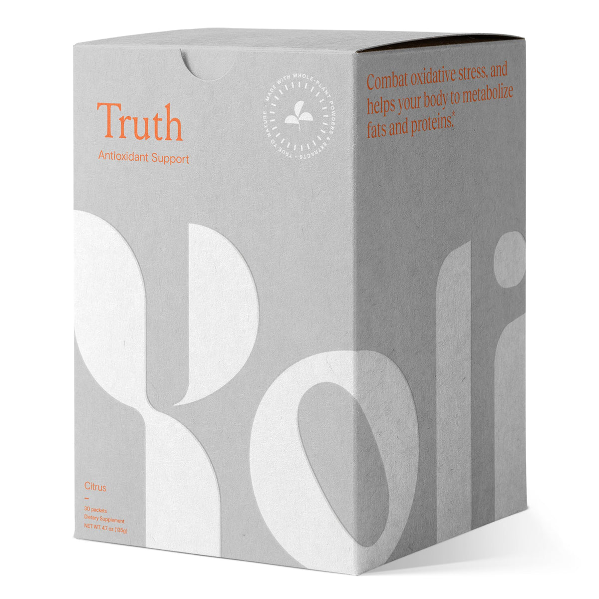 Yoli Truth citrus packet closeup for easy daily hydration with botanicals and minerals.