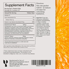 Yoli Truth glass with dissolving packet showing refreshing citrus drink.