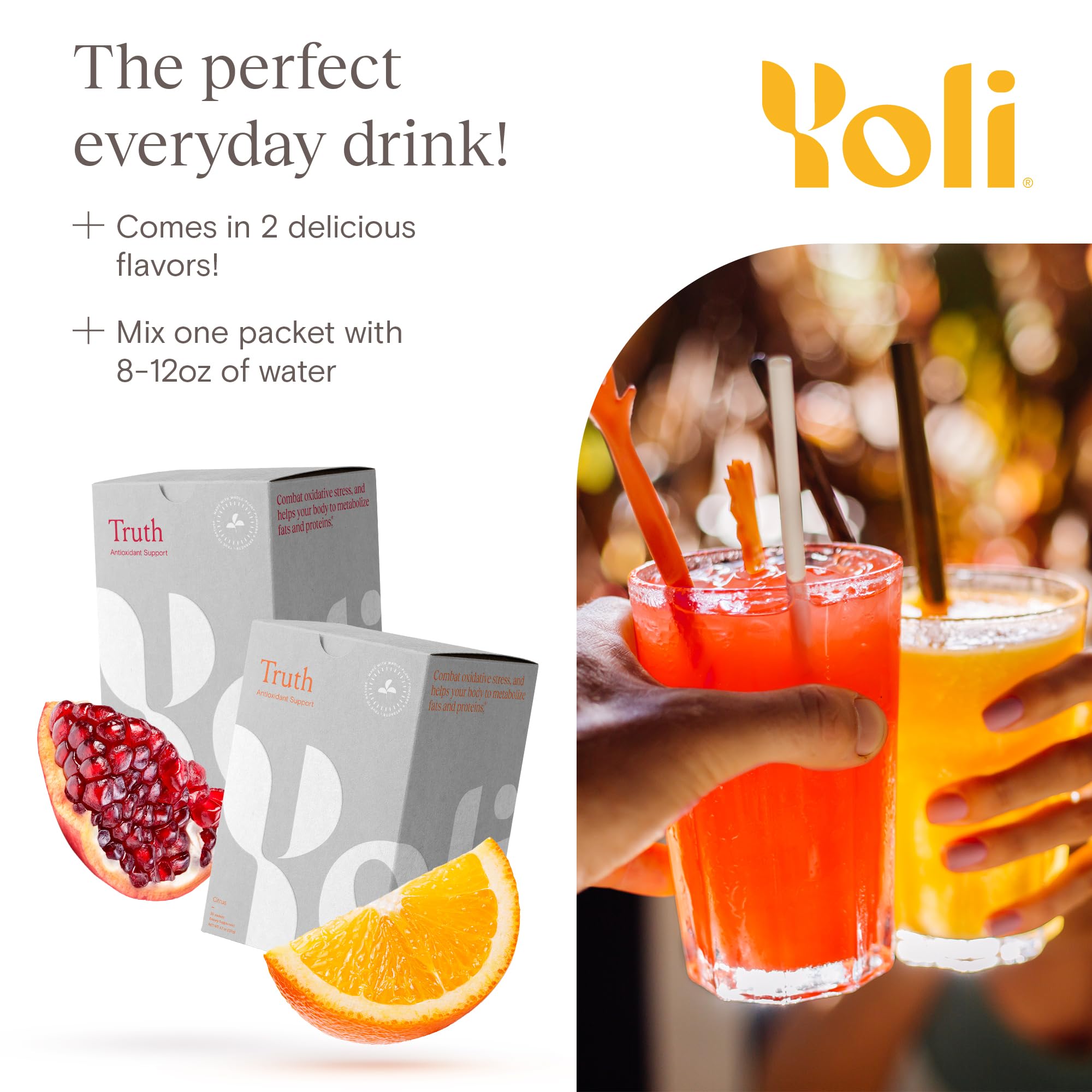 Yoli Truth ingredients panel featuring botanicals and superfruits for antioxidant balance.
