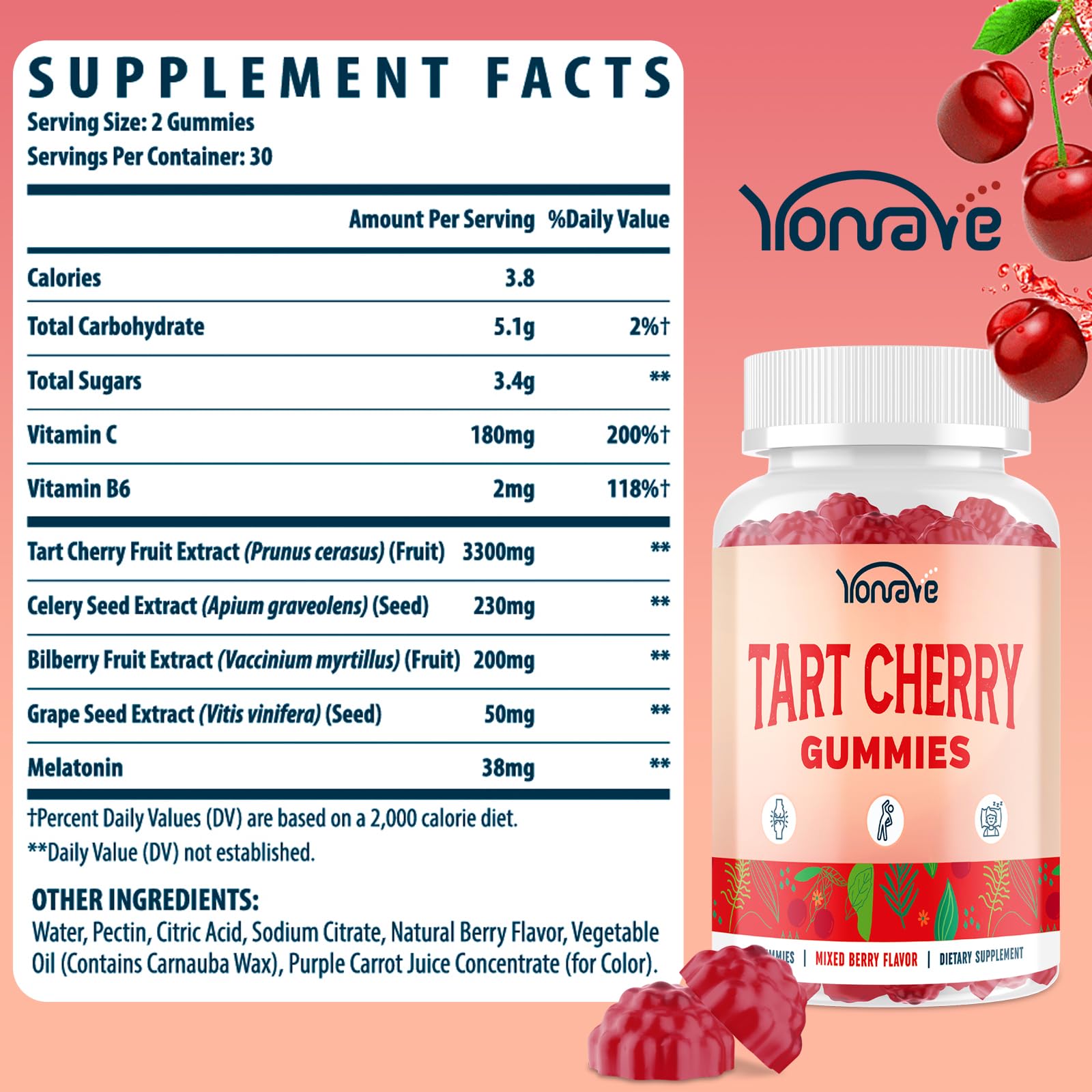 Yonrave Tart Cherry Gummies bottle back with ingredient details for informed daily use.