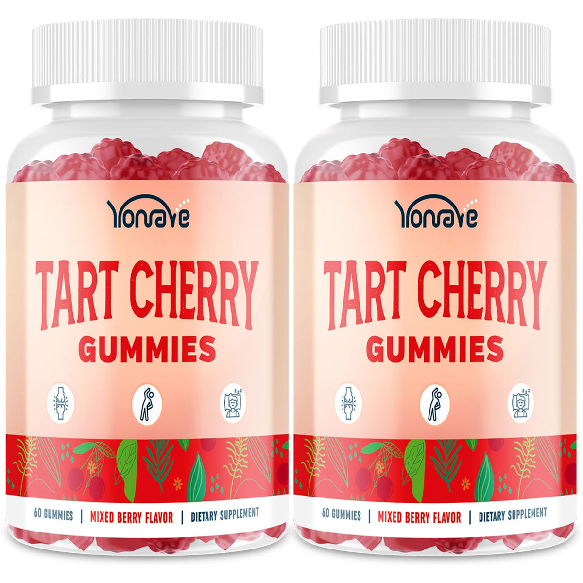 Yonrave Tart Cherry Gummies bottle front for convenient daily support and mixed berry flavor.
