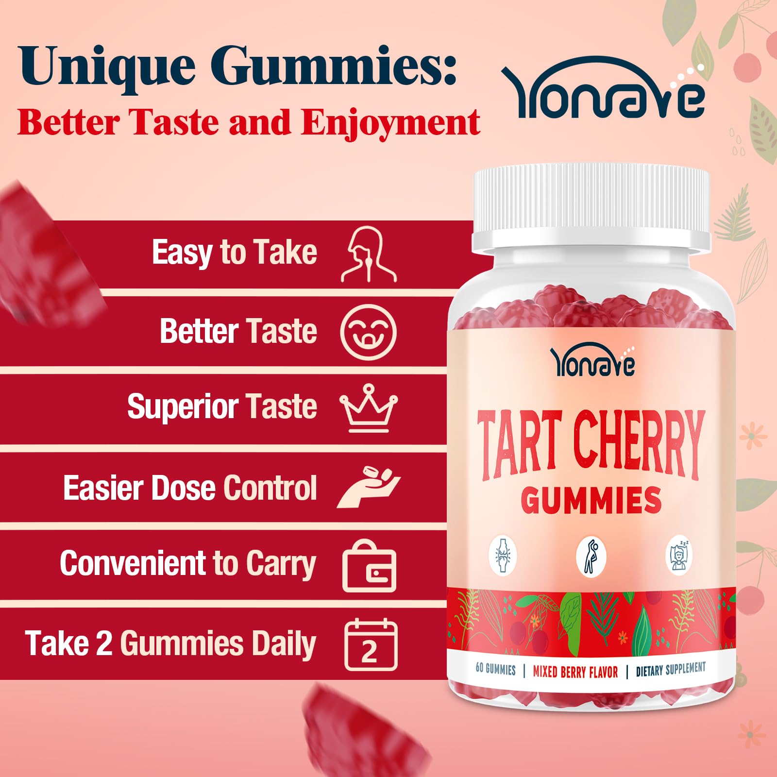 Yonrave Tart Cherry Gummies mixed berry flavor close-up highlighting tasty vegan format.