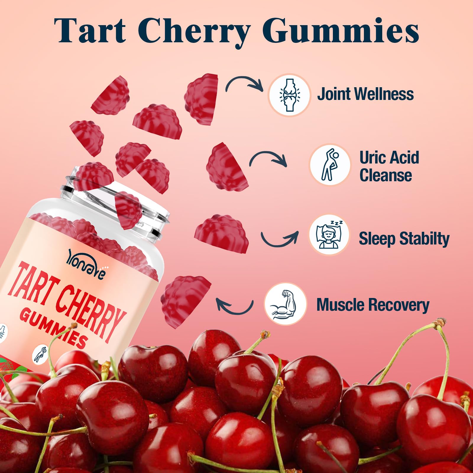Yonrave Tart Cherry Gummies texture close-up highlighting chewy, vegan consistency.