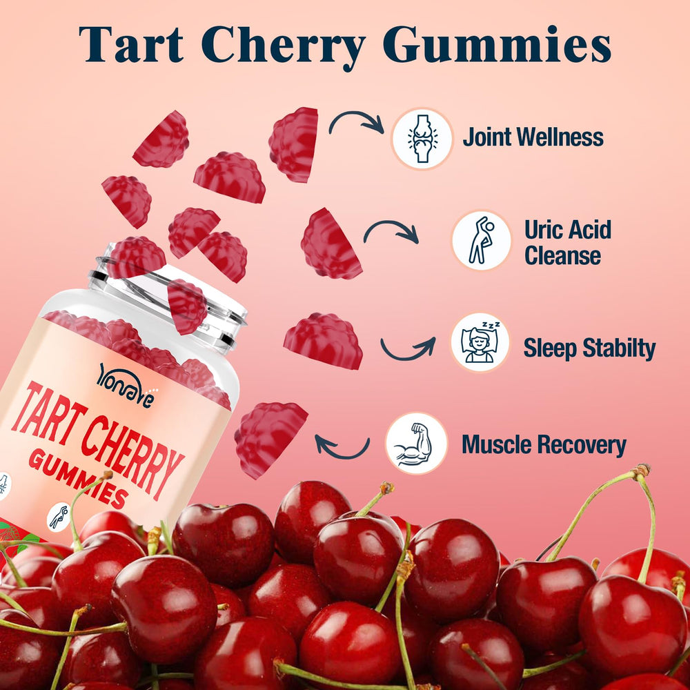 Yonrave Tart Cherry Gummies texture close-up highlighting chewy, vegan consistency.