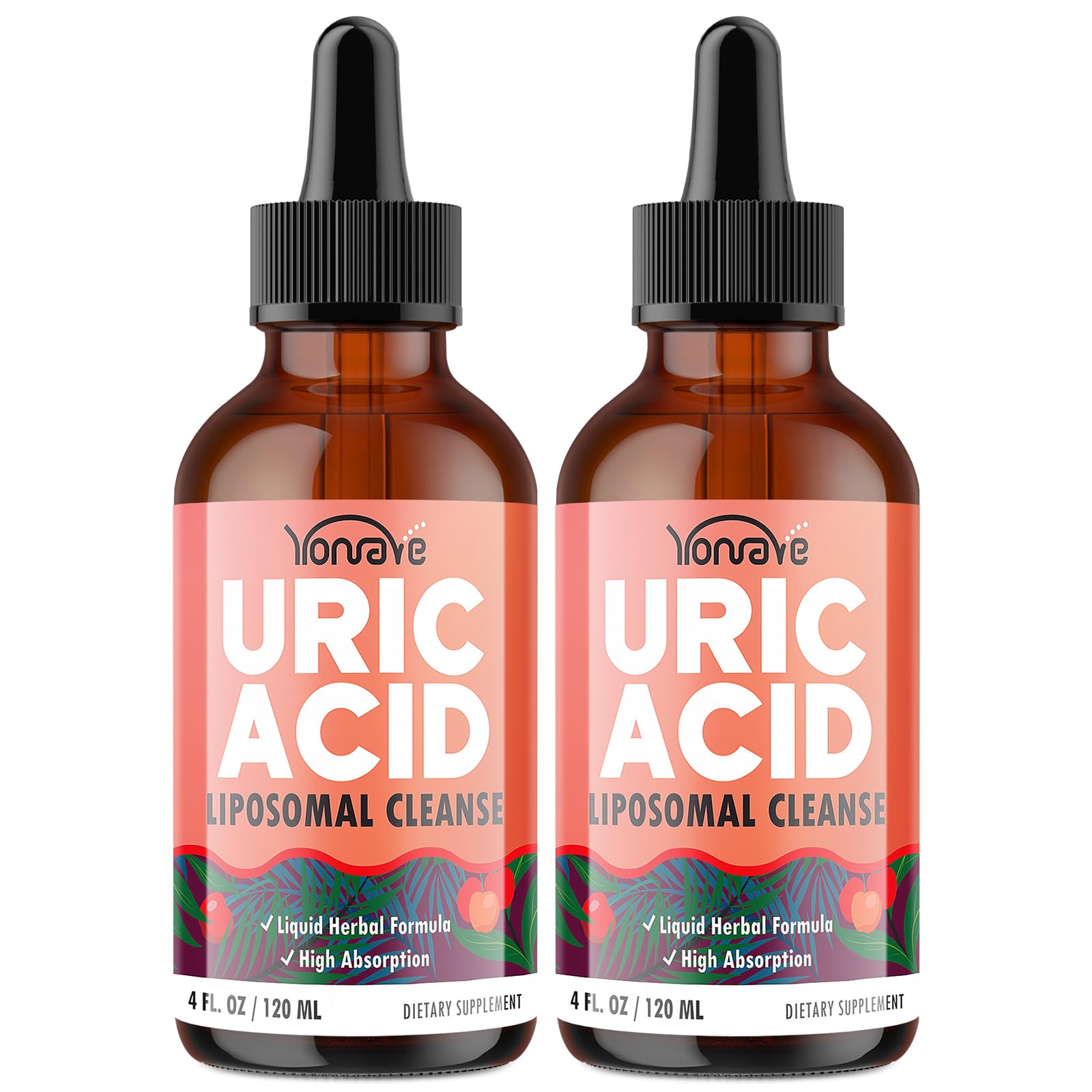 Yonrave liposomal uric acid drops bottle with berry profile and label clearly shown, ready for daily use.