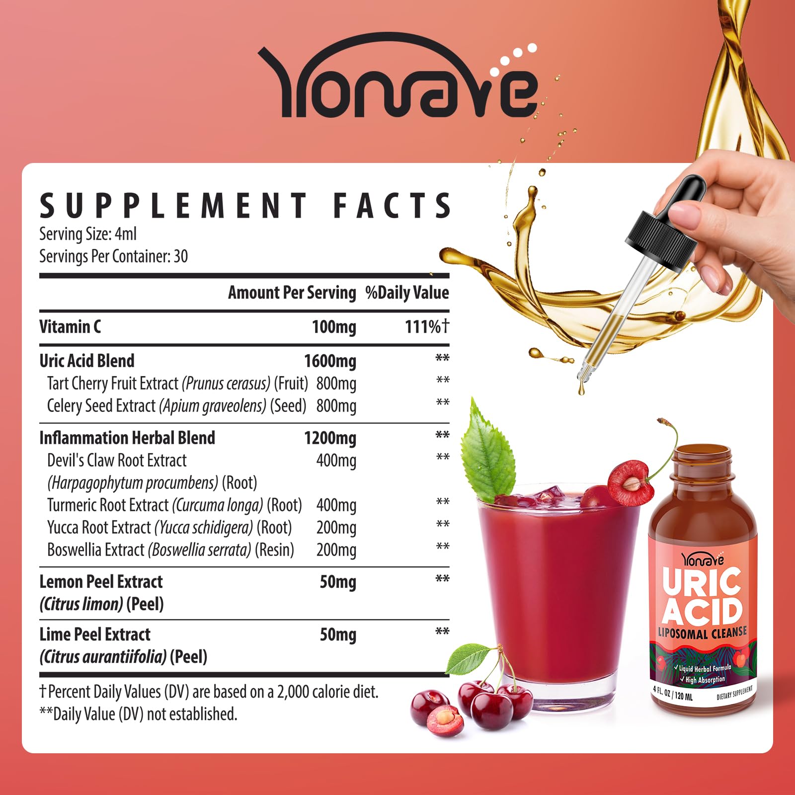 Yonrave uric acid drops pour shot capturing the smooth, berry infused liquid texture.
