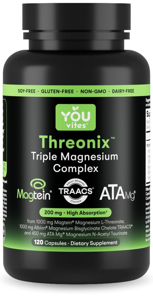 You Vites Threonix bottle front view highlighting high-absorption magnesium for brain and sleep support.