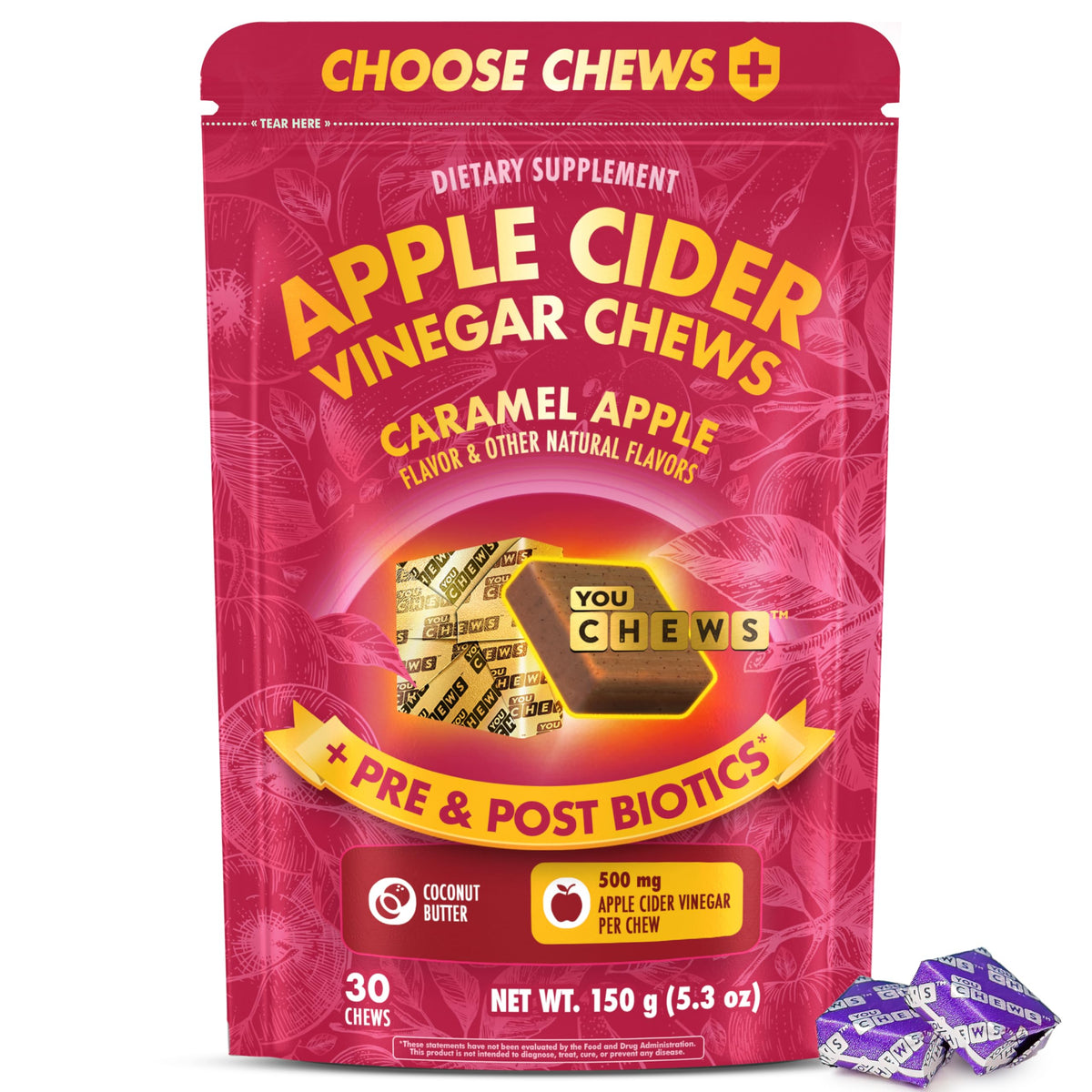 YouChews Apple Cider Vinegar Chews bottle front for daily digestive support