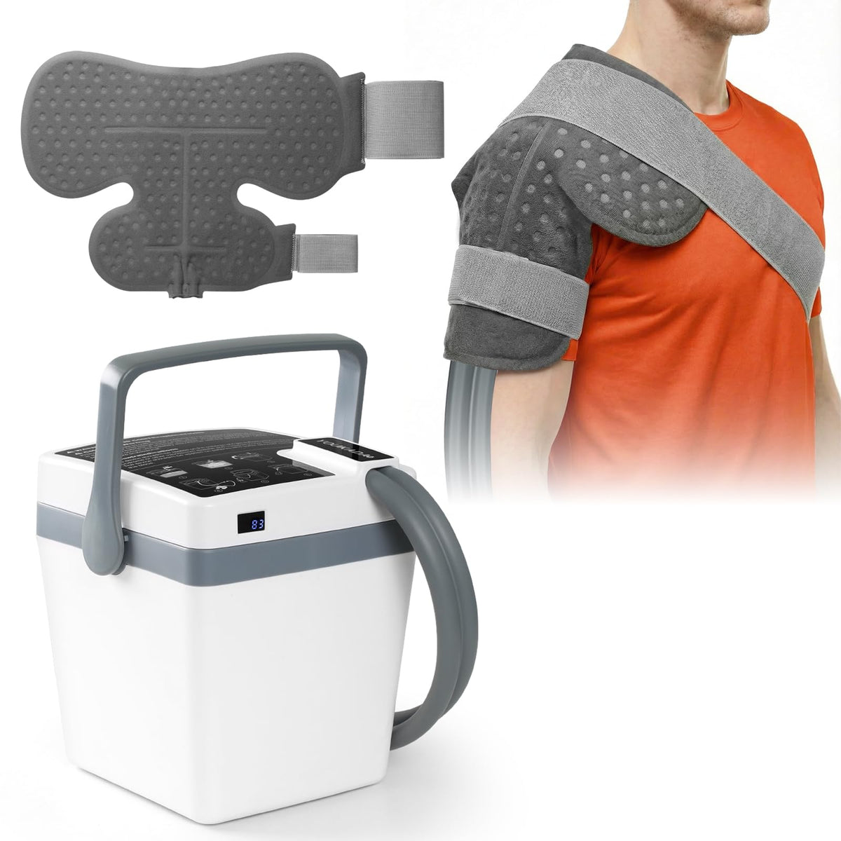 YOUKADA shoulder wrap in use for post-surgery relief with 360° cooling contact.