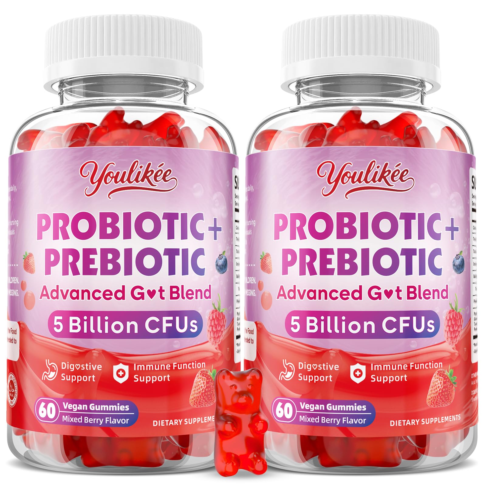 Youlikee 2-pack probiotic prebiotic gummies berry bottle for daily gut support potential