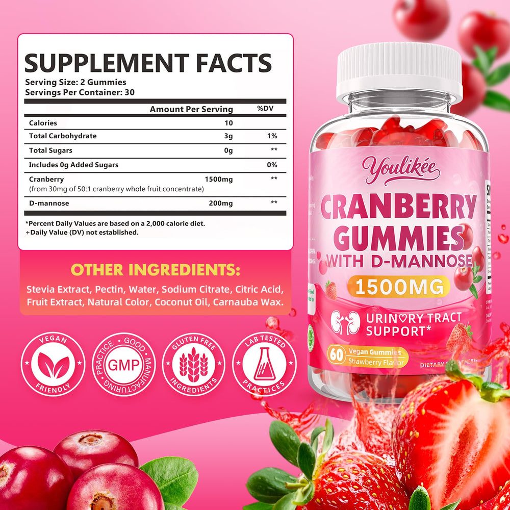 Youlikee Cranberry Gummies bottle back highlighting D-Mannose synergy for balance.