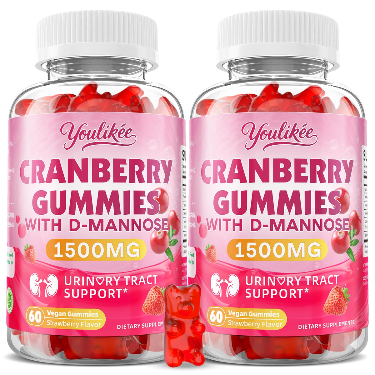 Youlikee Cranberry Gummies bottle front, vegan sugar-free for daily urinary comfort.