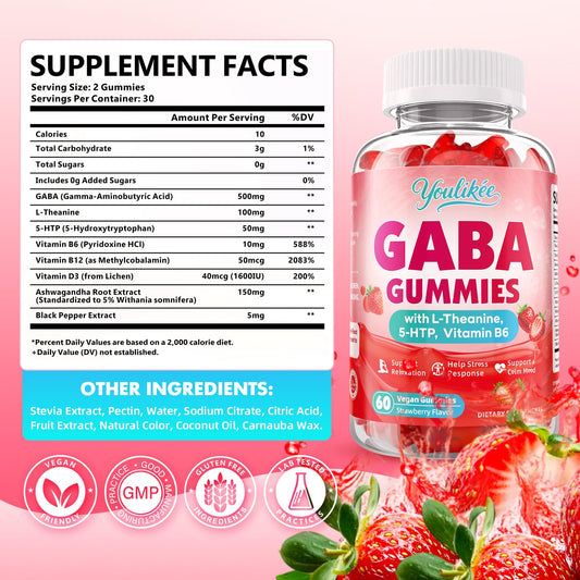Youlikee GABA Gummies bottle back with ingredients for transparency and quality