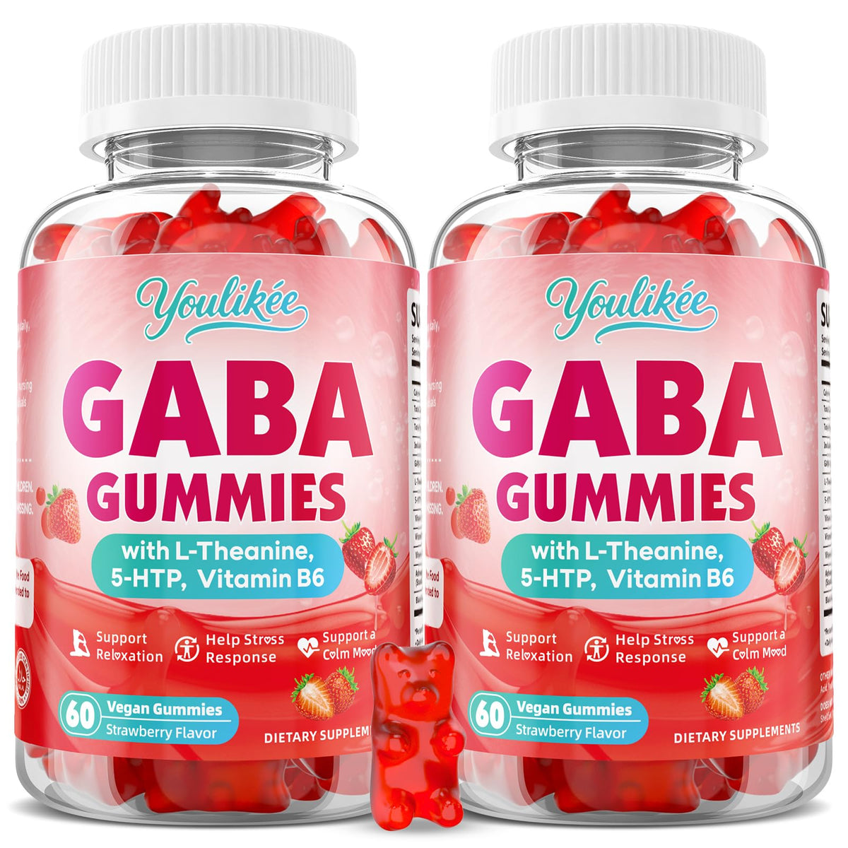 Youlikee GABA Gummies bottle front showcasing strawberry flavor for daily calm support