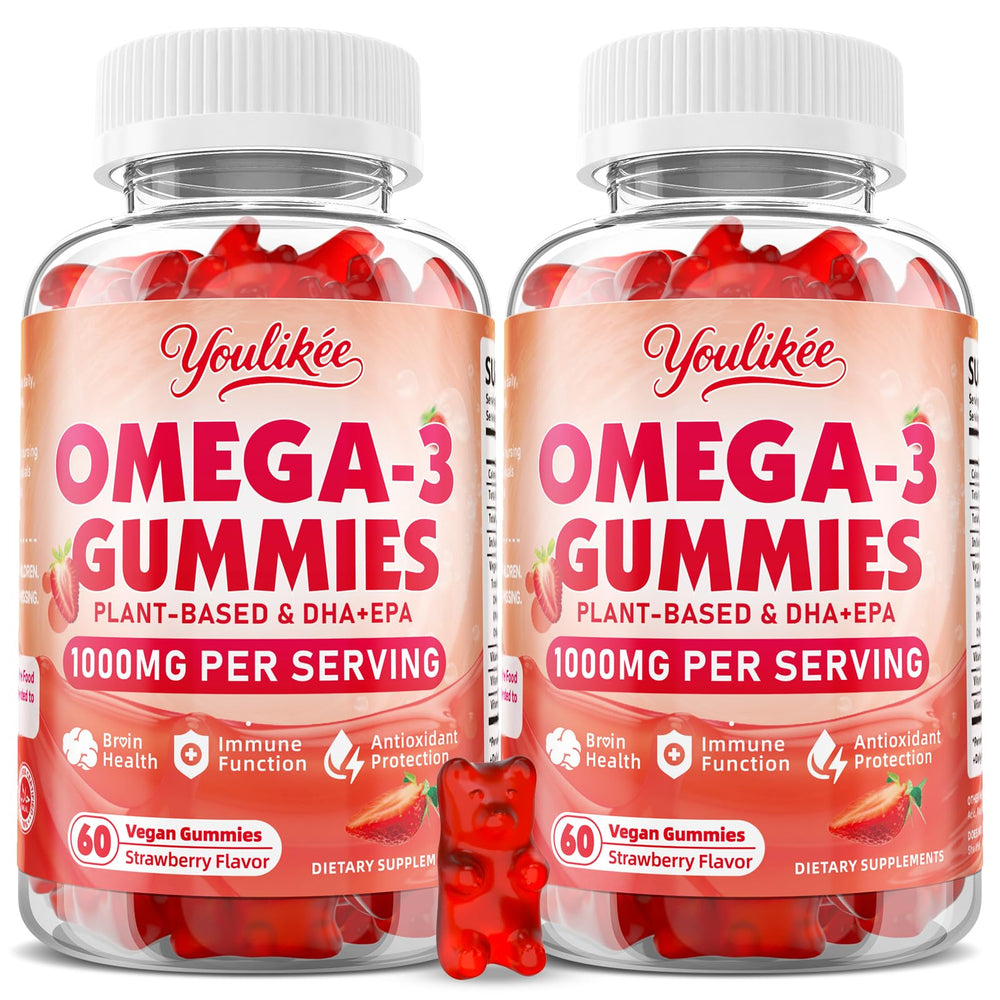 Youlikee vegan omega-3 gummies bottle showing strawberry flavor for daily nutrient support.