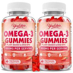 Youlikee vegan omega-3 gummies bottle showing strawberry flavor for daily nutrient support.