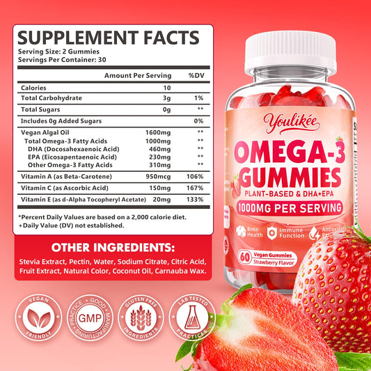 Close-up of Youlikee vegan omega-3 gummies highlights plant-based DHA/EPA and vitamin blend.