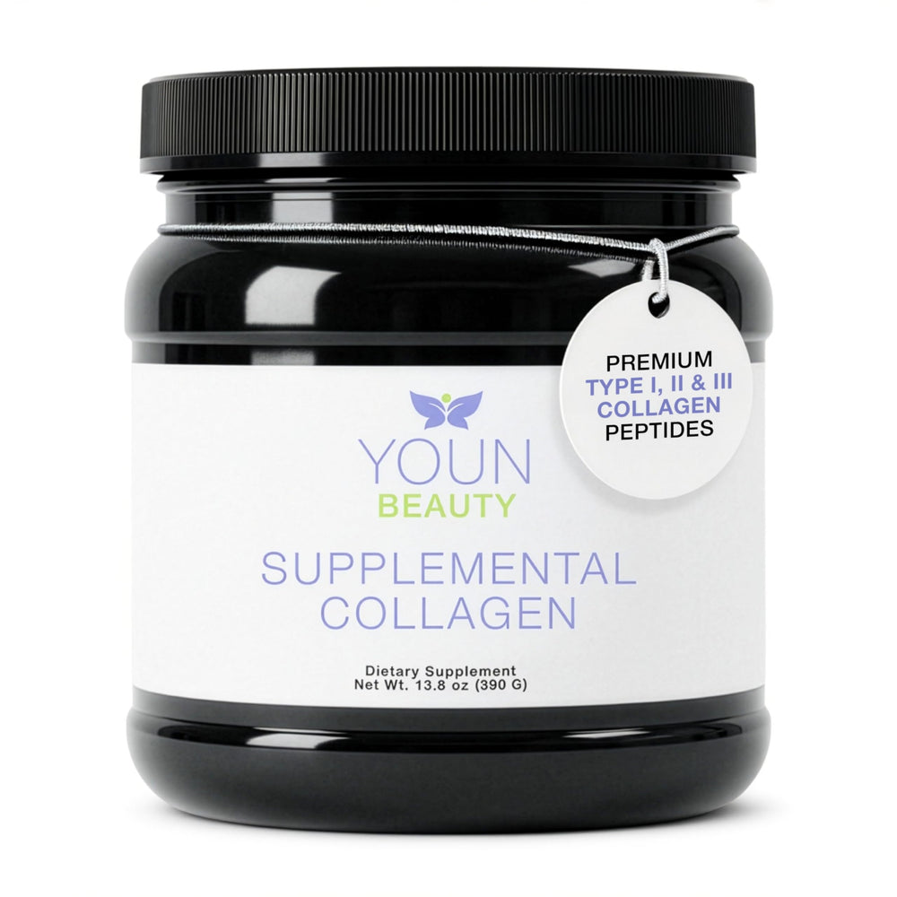 YOUN Beauty collagen powder jar closeup with unflavored formula for daily use