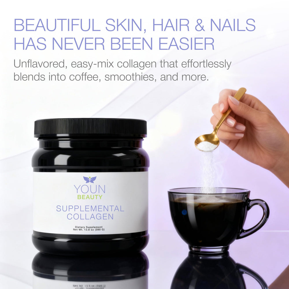 YOUN Beauty collagen powder being poured into a glass for easy mixing