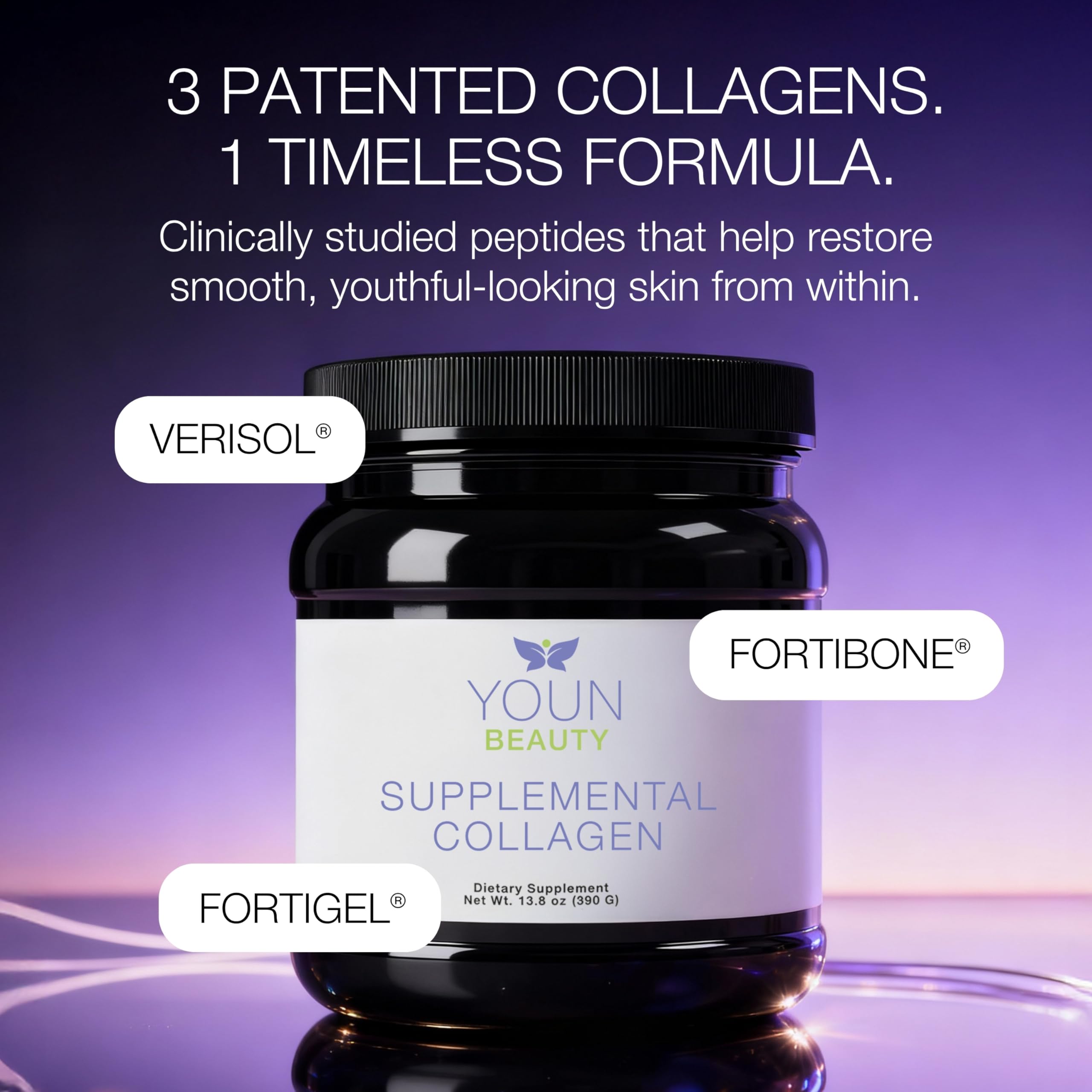 YOUN Beauty unflavored collagen powder scoop in front of bottle